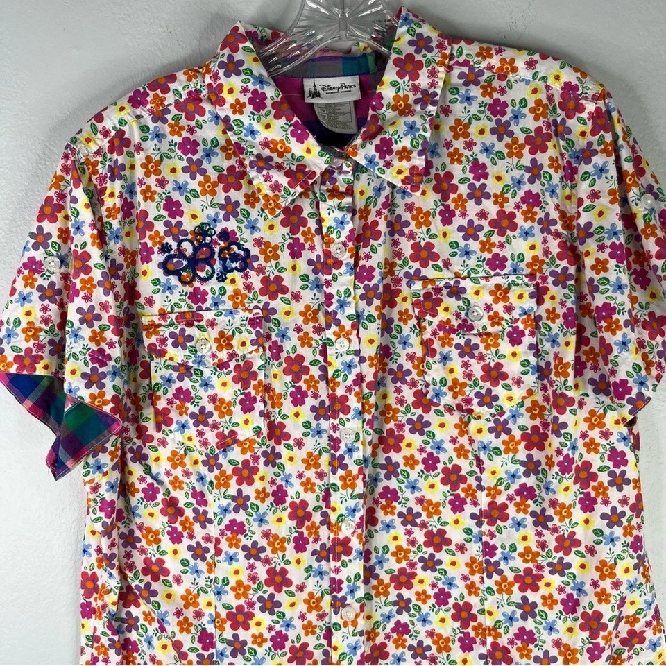 Disney Parks Shirt Women's XL Pink White Floral Embroidered Mickey Mouse - Image 3 of 4