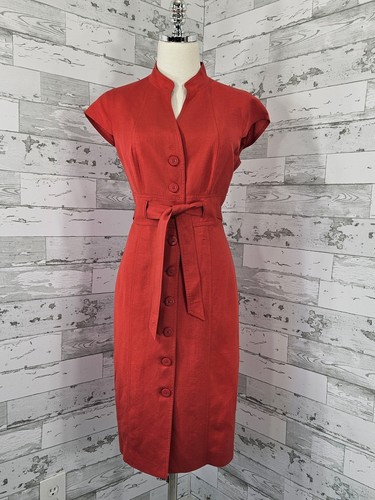 Calvin Klein Linen Blend Button Front Belted Red Dress Womens 10