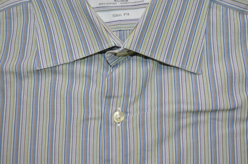 Camisa Thomas Rosa Para Hombre Manga Larga Multicolor Rayas Calce Ajustado Talla 15.5 Foto 3 de 4