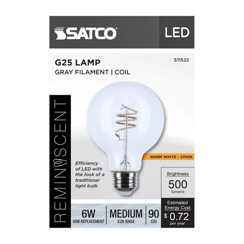 SATCO S11522 6W(60W EQ) 120V Reminiscent LED G25 E26 Gray Coil Filament CL 2700K - Picture 3 of 3