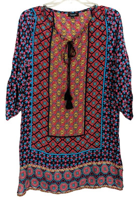 TOLANI 3/4'' ruched sleeves V neck tassel silk Bohemian boho Tunic size S