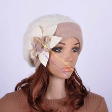 Women's Floral Faux Rabbit Fur Beret Winter Warm Baggy Beanie Knitted Hat Cap