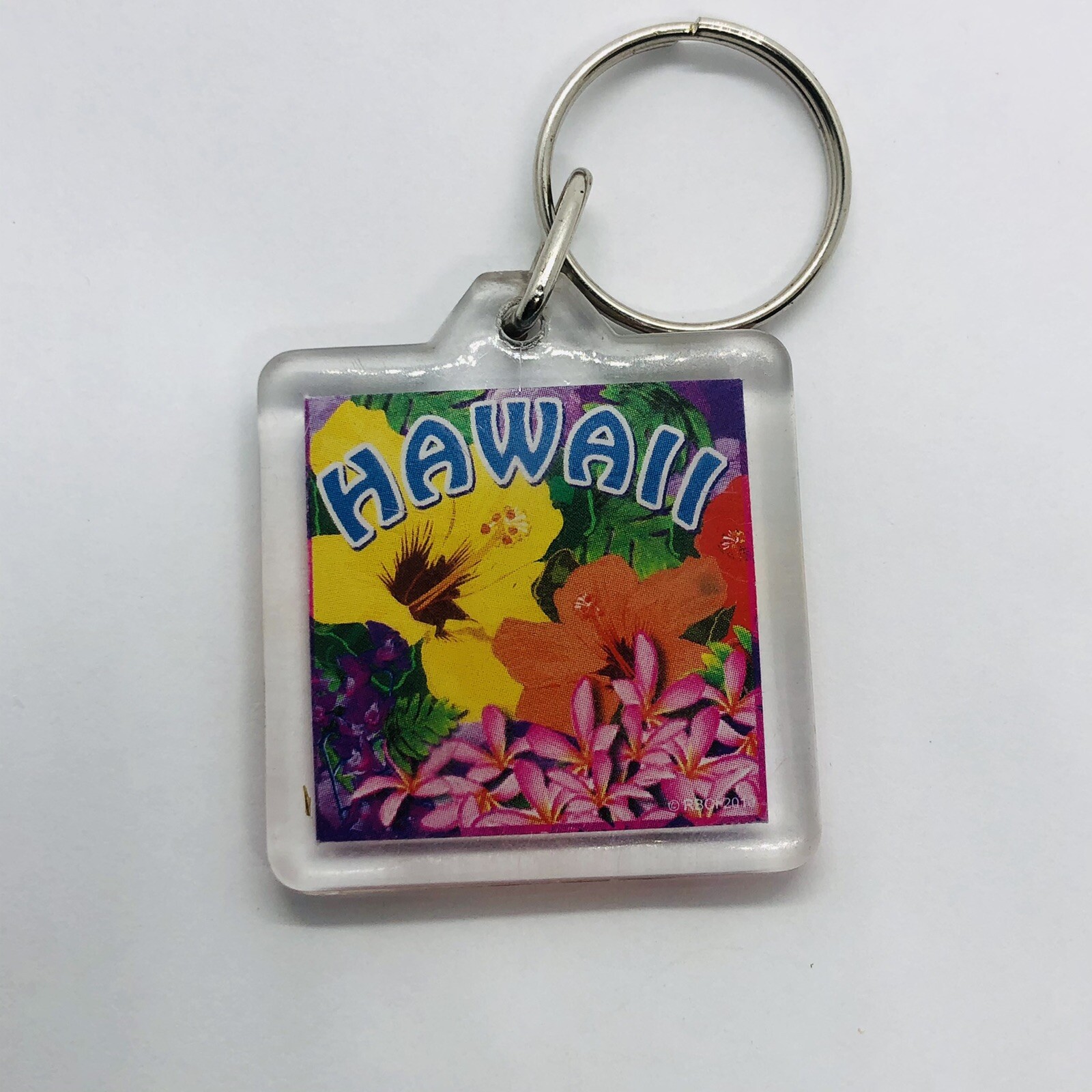 Vtg Colorful Floral Hawaii Souvenir Square Acrylic Keychain w/ Hibiscus Flowers