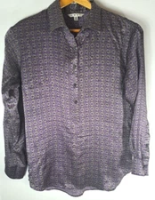 Womens Cabi Silk Top Long Sleeve Purple Gray Stars Pinwheel Career Office S