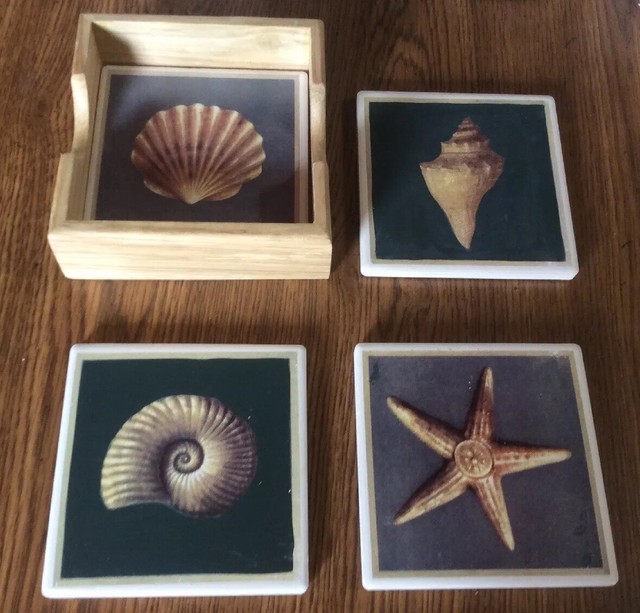Ceramic Coaster Set 4 Pc Square With Oak Holder 4 Different Sea Shell