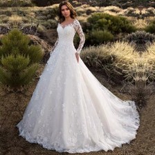 Scoop A Line Lace Wedding Dresses Applique Long Sleeve Backless Bride Dress