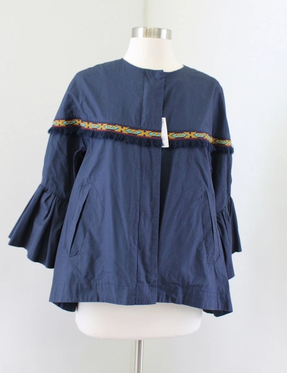 Zara Basic Navy Blue Bell Sleeve Fringe Aztec Trim Zip Front