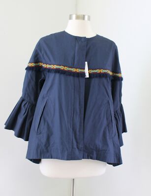 Zara Basic Navy Blue Bell Sleeve Fringe Aztec Trim Zip Front Jacket