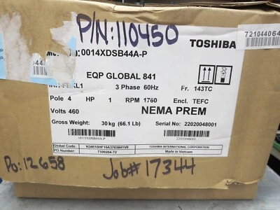 Toshiba, 0014XDSB44A-P, Motor AC, 1 HP, 460 VAC, 60 HZ, 3 PH, 1760 RPM, New/Open - Image 1 of 4