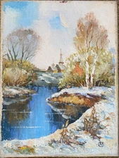 Oil painting Monogr.B.R. Winter landscape with river, trees and village church