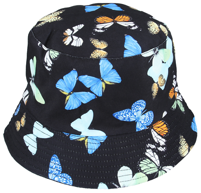 Womens Bucket Hat Reversible Cotton Hats Butterfly Design Sun Cap