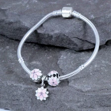.925 Sterling Silver CZ European Bracelet Bangle W/ Charms Beads Pink Flower