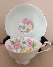 Paragon Double Warrant Footed Celadon Cup & Saucer Set Daisy Gold Bone G6011