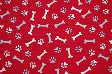 BTY DOG/CAT PAW PRINTS/BONES/POLKA DOTS ON RED 100 COTTON FLANNEL FABRIC 42X36"