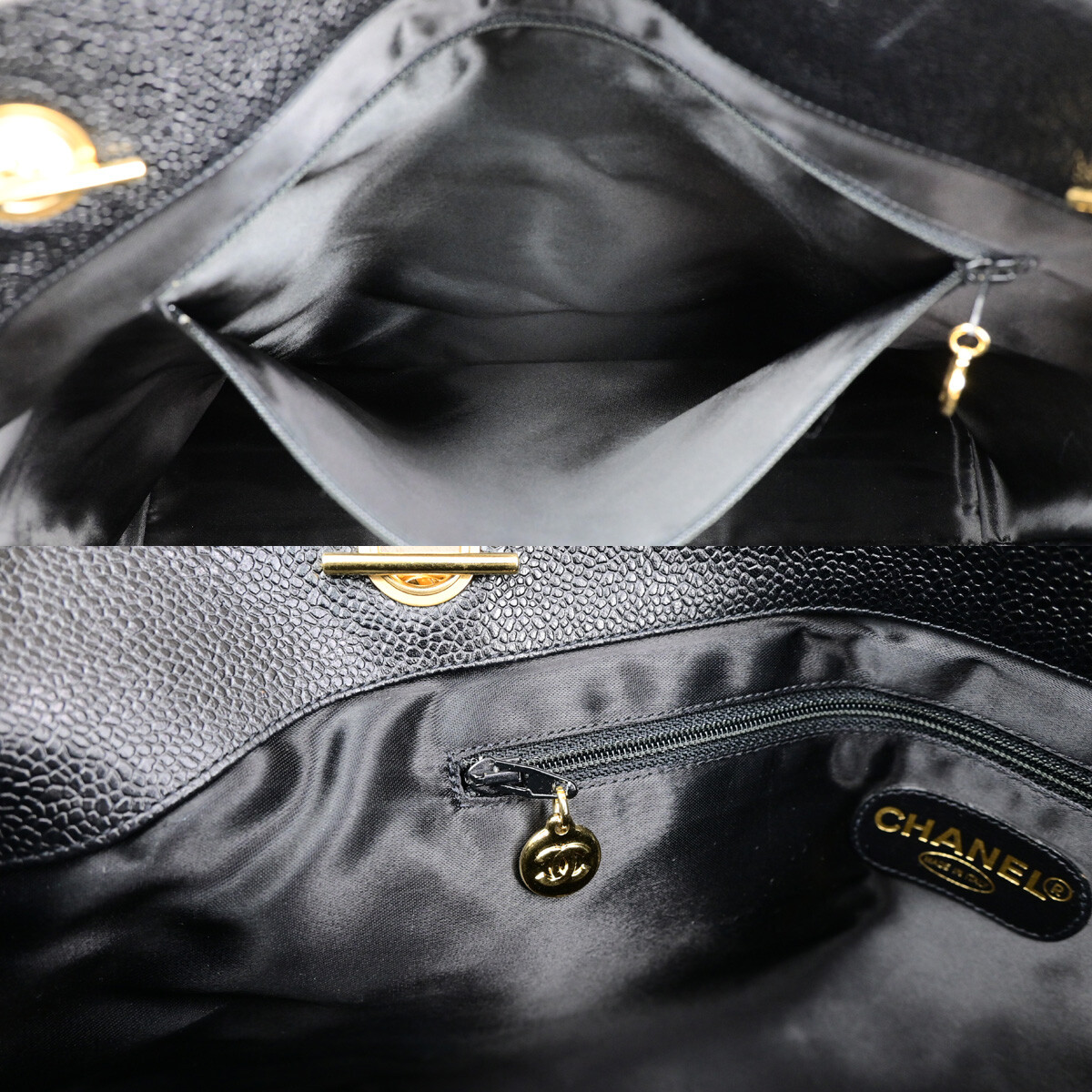 CHANEL CC Logo Chain Shoulder Bag Caviar Skin Leather Black