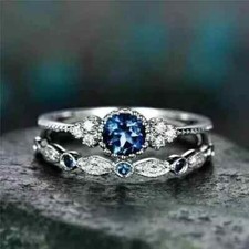 3Ct Round Lab-Created Blue Sapphire Halo Bridal Ring Set 14K White Gold Plated