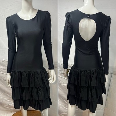 NWT Vintage Nuance Women s M Black Stretchy Layered Tiered Goth Dance Dress 80s