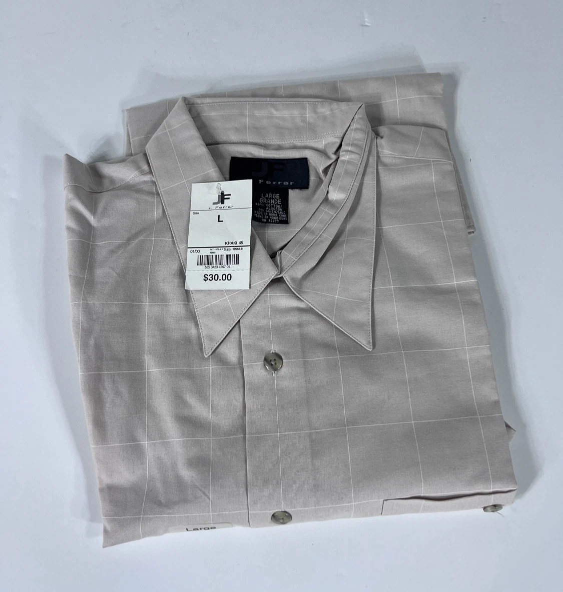 NWT J Ferrar Men's Button Up Shirt Size Large Beige Checked Short Sleeve Cotton