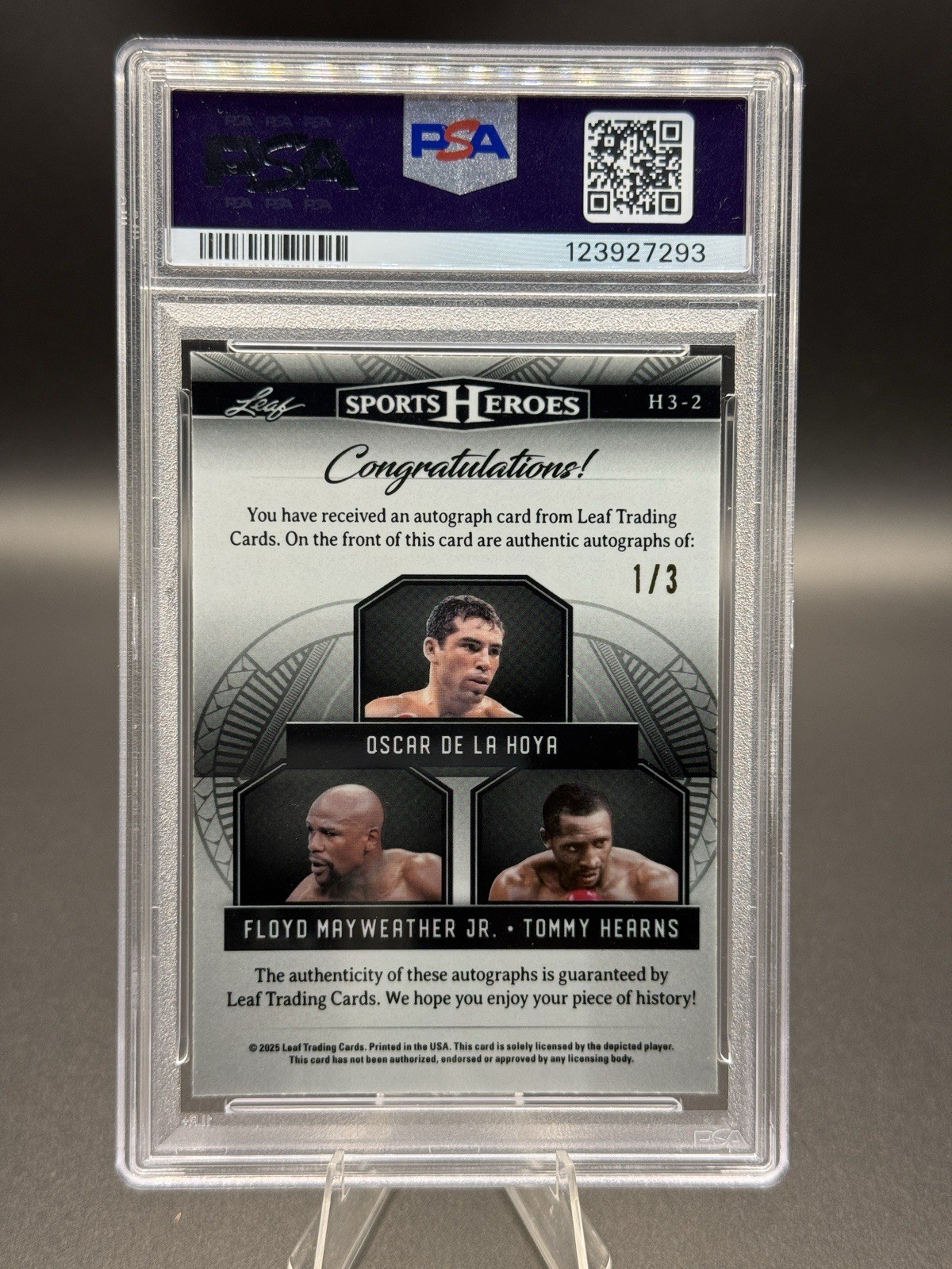 2025 LEAF SPORTS HEROES AUTO- MAYWEATHER- DE LA HOYA -HEARNS 1/3 PSA 10 GEM MT view 2
