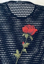 Bodysuit Women's Black Mesh, short sleeves with Flower Appliqu  Med