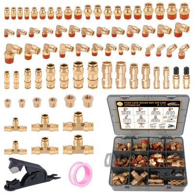 CheeMuii 76 Pcs Brass DOT Air Line Fittings Kit Push Lock Air Fittings Push t...
