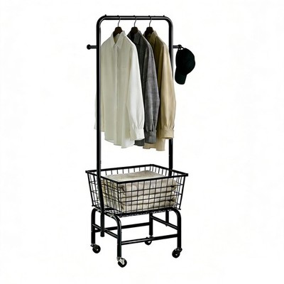 Rolling Laundry Cart with Hanging Rack Metal Laundry Basket with Wheels Laund...