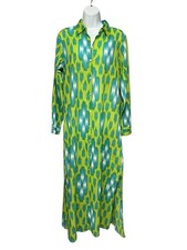 Malini Ikat Shirt Dress Medium Green Blue Full Button Long Sleeve Cotton Midi