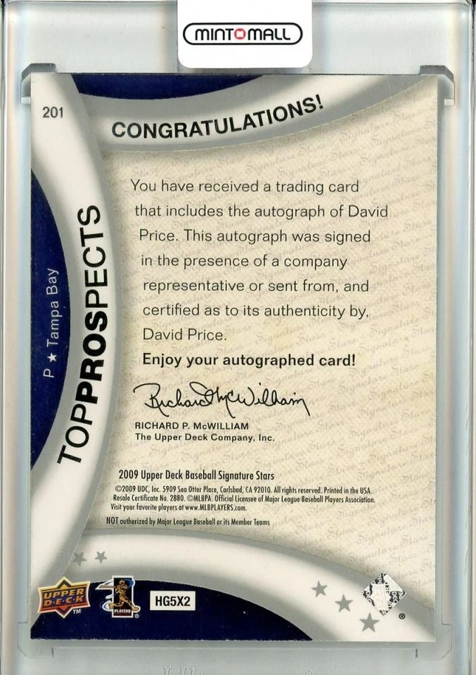 2009 Upper Deck Signature Stars David Price Top Prospects Tampa Bay Rays - Image 2 of 2