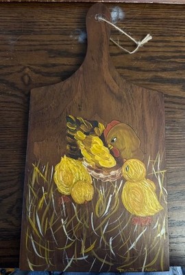 Vintage hand painted cutting board with chickens