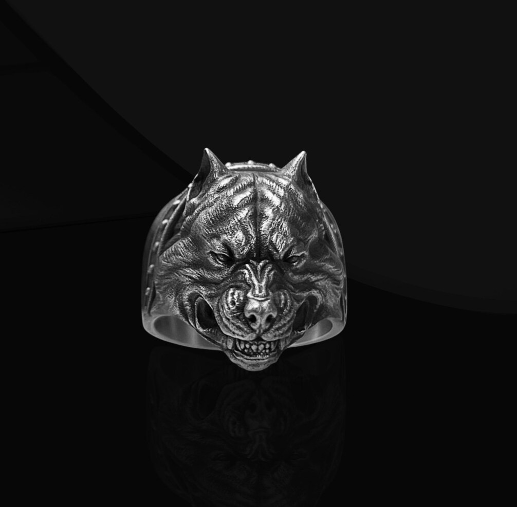 Anillo Cabeza de Perro Pitbull Plata de Ley 925 Hecho a Mano Anillo Oxidado Libre de Derechos