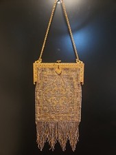 Antique French Micro Steel Bead Purse Vintage Metal Beaded Fringe Flapper Bag