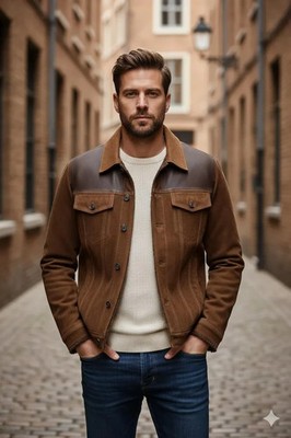 Handmade Two-Tone Brown Sheep Leather Trucker Jacket