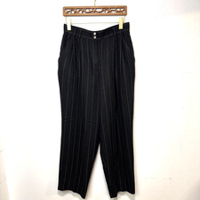 Vintage 1990s Chaus Pinstripe Pleated Trousers Black Size 16 High Waist Womens