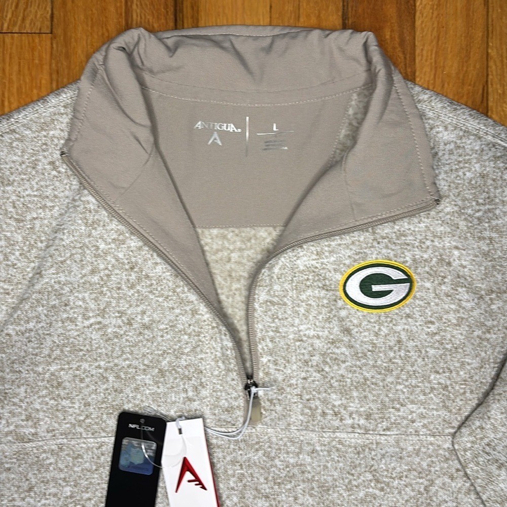 Men's Green Bay Packers Antigua Oatmeal Fortune Quarter-Zip Pullover Jacket image 3