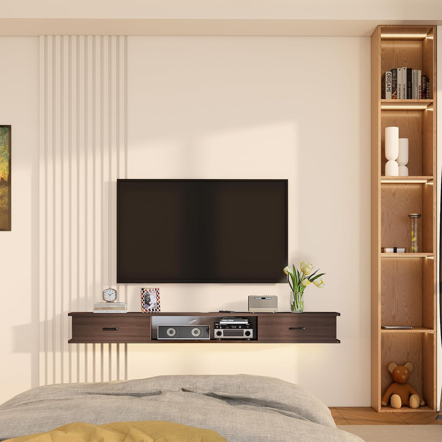 Modern 55'' Walnut Floating TV Stand with 2 Doors - Wall-Mounted Console