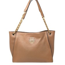 Tory Burch Britten Tote Tan Pebbled Leather Chain Shoulder Bag Logo