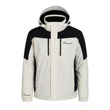OutdoorMaster Men’s Ski Jacket Large White Black Winter Snowboard Coat Hooded