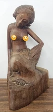 Vintage Balinese Half Nude Sitting Woman Wooden Hand Carved Rare Sculpture 8.75"