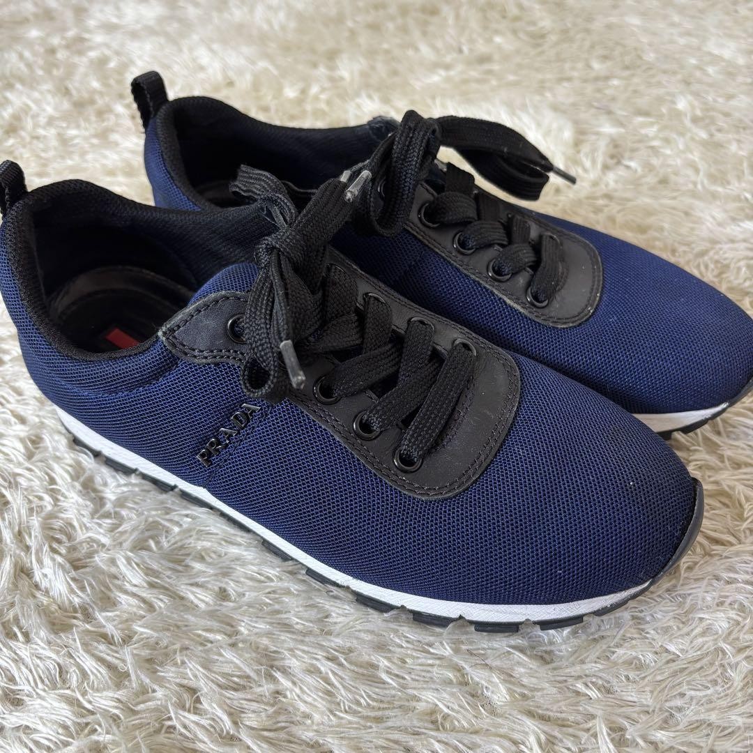 Prada Navy White Mesh Sneakers 24cm Womens Casual Athletic Sports Shoes Used