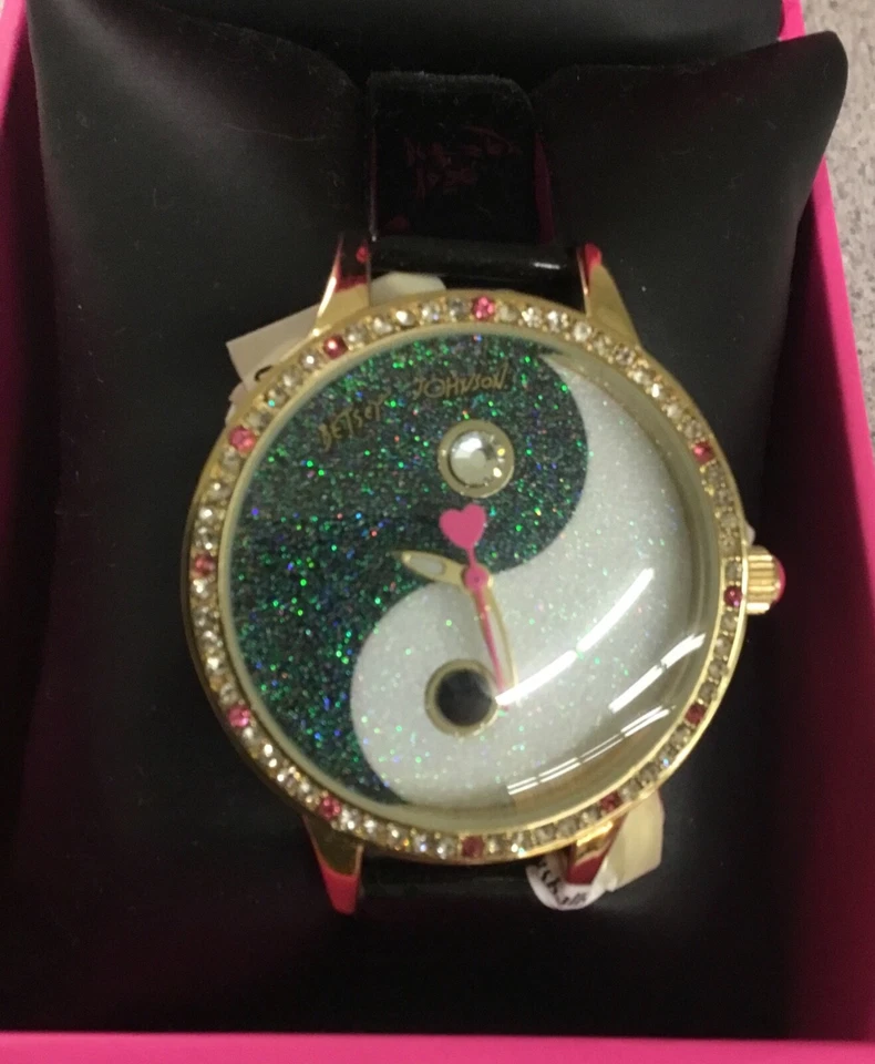 BETSEY JOHNSON Women’s YIN YANG  Rhinestone Watch Round Dial NEW Black Gold  - Image 3 of 3