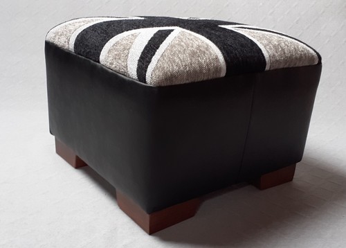 Footstool / Union Jack chenille upholstery fabric top- Black faux leather sides - Picture 5 of 16