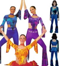 Lot of 4 True Colors BLUE Adult Medium Dance Costume Fringe Crop Top Bell Pant