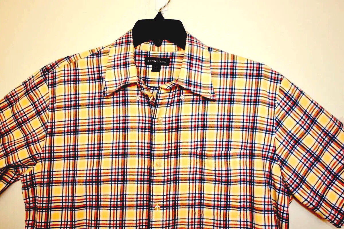 Lands End Men Yellow Red Blue Plaid Short Sleeve Button Down Shirt