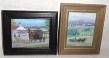2 Framed Original Biehl Paintings ~ Amish Buggy ~ Man & Horses Plowing Field