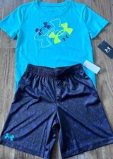 NWT Under Armour Little Boys 7 Turquoise/Navy/Black LOGO Shorts Set