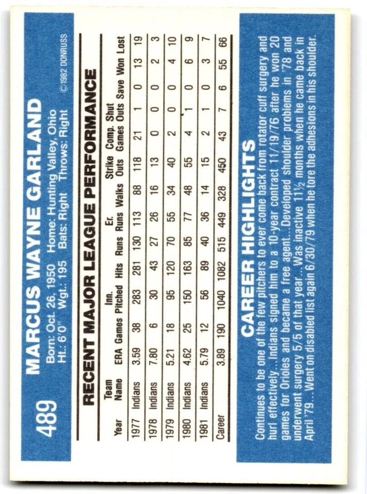 1982 Donruss Wayne Garland . Cleveland Indians #489 - Image 2 of 2