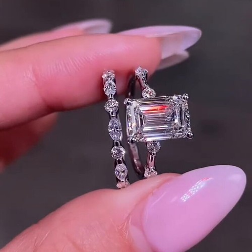 2.5 CT Emerald Cut Moissanite Bridal Set Engagement Ring Solid 14K White Gold - Picture 2 of 12