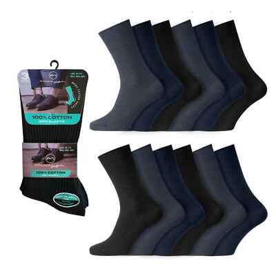Herren 100 % reine Baumwolle gerippt Socken Komfort weicher Griff Diabetiker UK 6-11 & 11-14