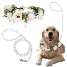 Dog Flower Collar Wedding and Leash Set PearlsDog Wedding Flower Collar with ...