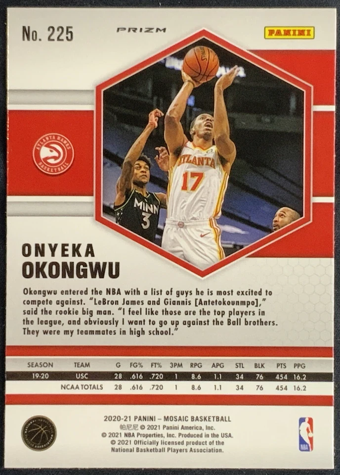 Onyeka Okongwu 2020-21 Mosaic GOLD WAVE PRIZM Rookie Card SSP #225 🟡🌊 - Image 2 of 2